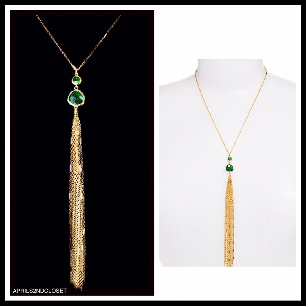LONG EMERALD STONE TASSEL LONG NECKLACE A2C - Picture 4 of 8